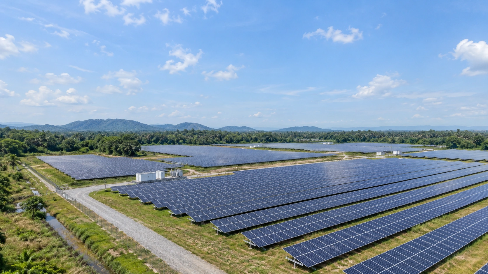 AI-generated solar farm scene with detailed photovoltaic panels in a tropical landscape