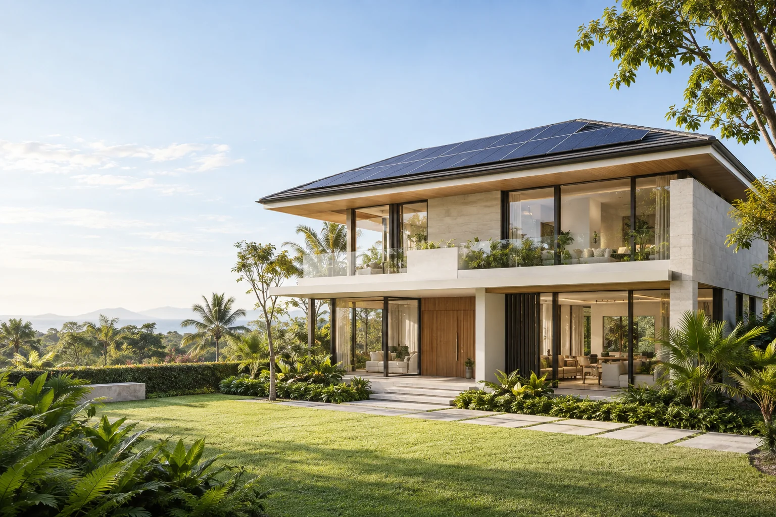 Illustration of a modern Malaysian home with rooftop solar panels